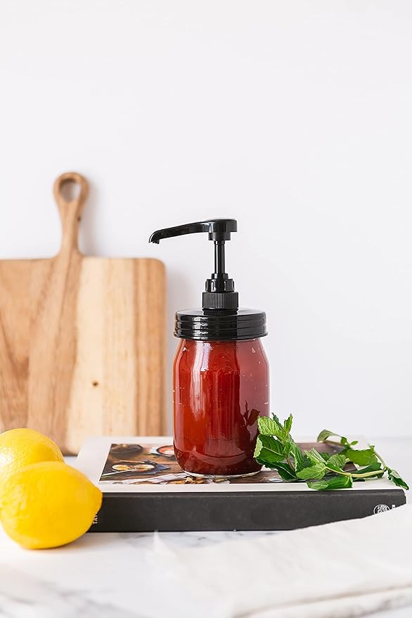 Jarmazing Products Mason Jar Syrup Dispenser - Set of 2 – 16 oz Smooth Jars with Rust-Proof, Leak-Proof, Food Grade Pumps for Honey, Syrups, Condiments, Salad Dressings and More