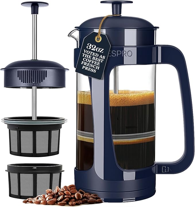 ESPRO Light P3 French Press Coffee Maker – Patented Double Micro-Filter for Grit-Free Brew, Heat Resistant thicker Borosilicate Glass Coffee press – (Blue - 32 oz)
