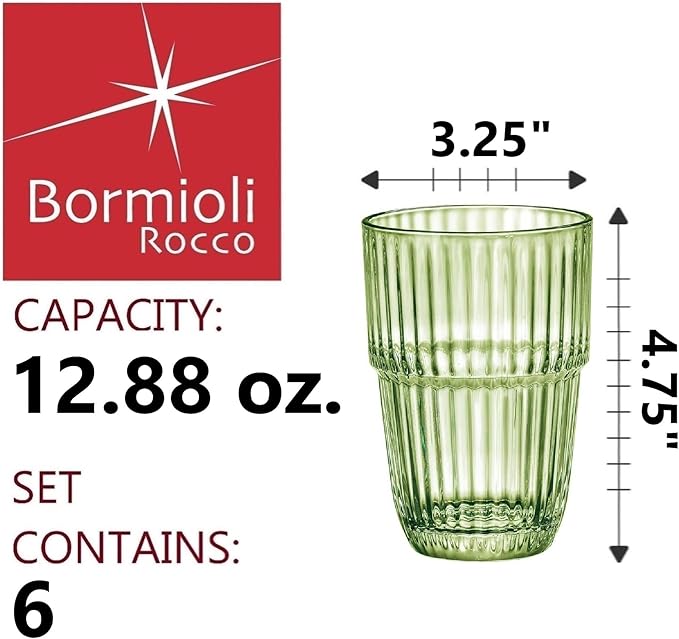 Bormioli Rocco Barshine 12.88 oz. Long Drink Stackable Tempered Drinking Glasses, Set of 6, Mint Green