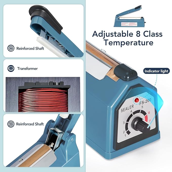 METRONIC Impulse Heat Sealer 8 Inch, Manual Bags Sealer Heat Sealing Machine Impulse, Sealer Machine for Plastic Bags PE PP Bags with Extra Replace Element Grip
