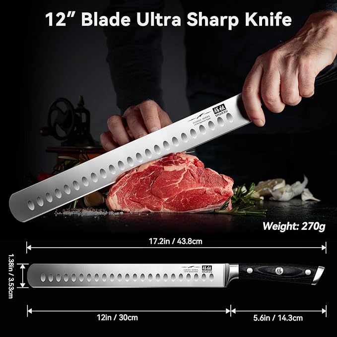 SHAN ZU 12" Brisket Slicing Knife - Carving Slicing Meat Knife Professional 5Cr15MoV Stainless Steel Razor Sharp Blade, Ergonomic Wood Handle & Full Tang Design