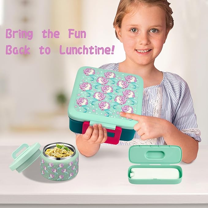 Bento Lunch Box for Kids with 8oz Soup Thermo,Leak-Proof Lunch Containers with 5 Compartment,Thermo Food Jar Food Containers for School (Blue-Unicorn)