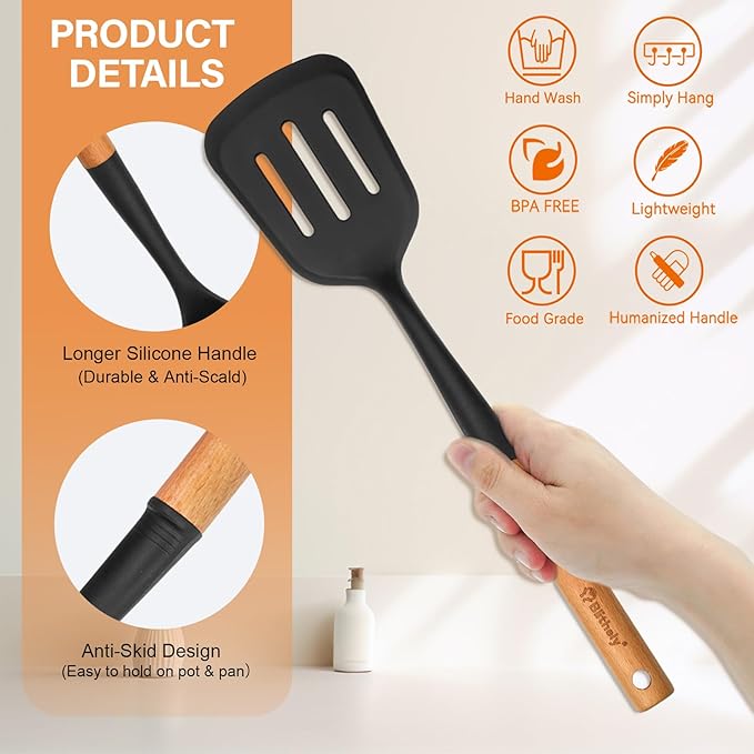 Large Silicone Kitchen Utensils Set, 6 PCS Nonstick Cooking Utensils Set with Wooden Handle, Heat Resistant and BPA Free Silicone Utensil Spatula Set for Cooking with Turner, Spoon and Ladle(Black)