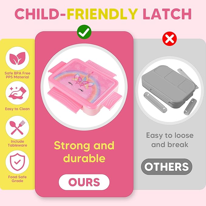 JYPS Bento Box for Kids,Leak-Proof Kids Lunch Box with 6 Compartments,Sauce Container,Utensils,BPA Free Microwave/Dishwasher Safe Lunch Container for Girls and Toddlers Back to School-Pink K
