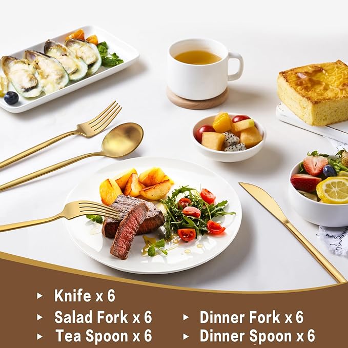 30-Piece Gold Silverware Set, Flatware Set for 6, Food-Grade Stainless Steel Cutlery Set, Includes Spoons Forks Knives, Kitchen Cutlery for Home Office Restaurant Hotel