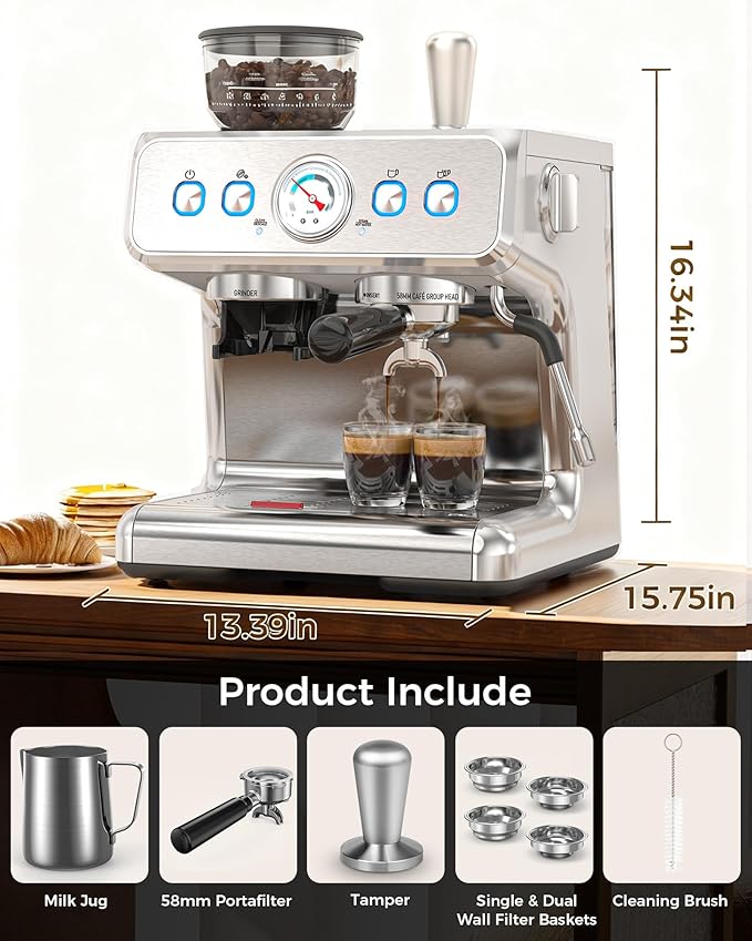 COWSAR 20 Bar Espresso Machine with Grinder & Milk Frother Steam Wand, 58mm Expresso Coffee machines, Commercial Stainless Steel Coffee Maker for Cappuccino and Latte, Perfect for Home Café-Pro