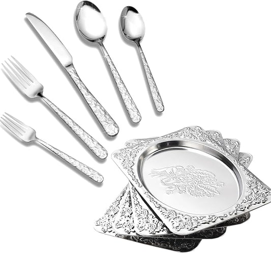Elegant Dining Hosting Bundle: 4-Pack Vintage Floral Silver Serving Trays (11.4" x 7") & 20-Piece Hammered Silverware Set for 4, Premium Stainless Steel Party Platters and Lava Texture Cutlery Set