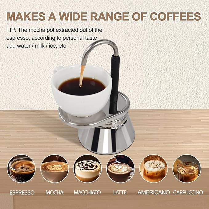 Uncoated 1 Cup Single Tube Moka Pot 304 Thickened Stainless Steel Mini Coffee Maker Stovetop Espresso Coffeemaker Italian Classic Style Brewing Greca Cafe Mocha for Camping Travel Home 90ml