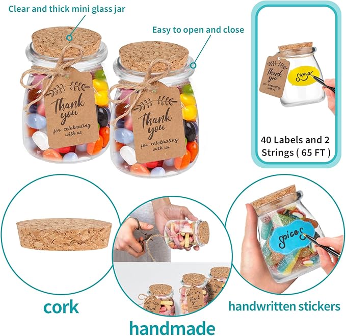 AIXIANG 20 Pack Pudding Glass Bottles Favor Jars with Cork Lid and Seal Cap for Wedding Favors,Baby Shower,Party Favor,Gift Jar, Candy, Spices, with Twine, Labels, Decorative Jars