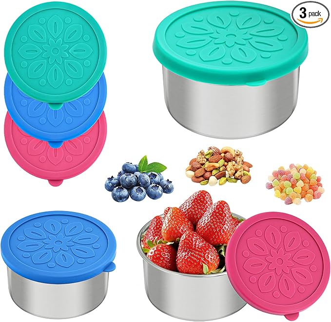 Cmonie 3Pack Stainless Steel Containers with Lids,10/20/33 oz Easy Open Leak Proof Metal Snack Containers,Food Storage Bento Box for Snacks, Fruits (3Pcs-20 oz)