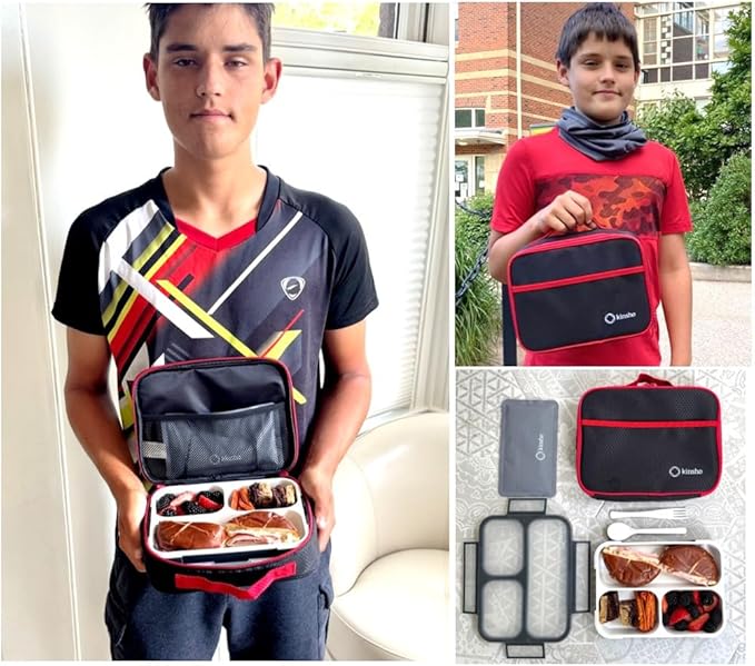 kinsho Lunch Boxes for Kids Boys Teens - Bento Box Set with Insulated Bag and Ice Pack, 3 Compartment Leak Proof Food Container, BPA-Free, Microwave Safe, Ideal for School & Work, Black & Red