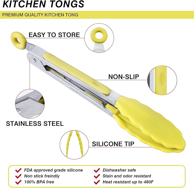 MSY BIGSUNNY Kitchen Food Tongs with Silicone Tips,7 Inch Serving Tongs for Grilling,Locking,BBQ Set of 3 (Yellow)