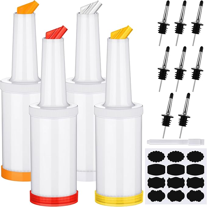 Ruisita 4 Pack Fruit Juice and Liquor Pour Bottles 34 oz Bar Juice Containers Plastic Pour Bottles with Stainless Steel Bottle Pourer Tapered Spout in 4 Colors for Liquor Juice Store