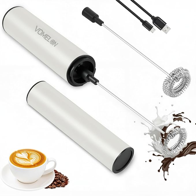 Milk Frother, Rechargeable Battery Operated Frother for Coffee,Portable Drink Mixer with 2 Stainless Steel Whisk Heads,Milk Foamer for Keto Coffee, Latte, Cappuccino, Hot Chocolate,White