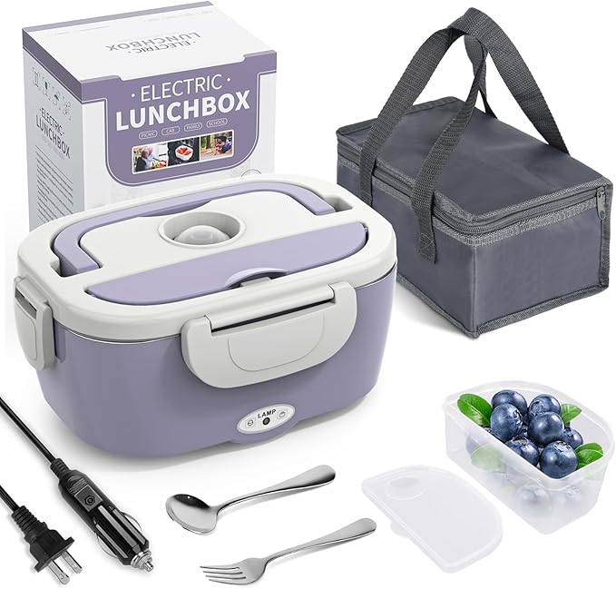 Electric Lunch Box Food Heater, 3 in 1 Ultra Quick Heated Lunch Boxes for Adults, 12V/24V/110V Portable Food Warmer for Car/Truck/Office With Fork Spoon and Insulated Carry Bag, Gifts for Men