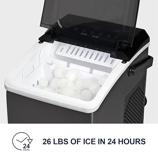 Koolatron Ice Makers Countertop Portable Ice Machine 2 Sizes Bullet Ice Cubes Ready in 6 Mins 26.5lbs/Day with Ice Scoop and Basket Digital Controls LED Indicators for Parties/Home/Office/Bar, Black