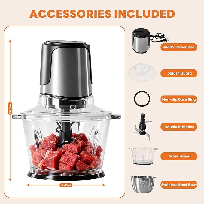 OLIXIS Electric Food Processor, 450W Meat Grinder & Vegetable Chopper with 2 Bowels for Home Use, Food Chopper with Double S-Blades for Vegetable, Onion, Garlic, Nuts, Meat