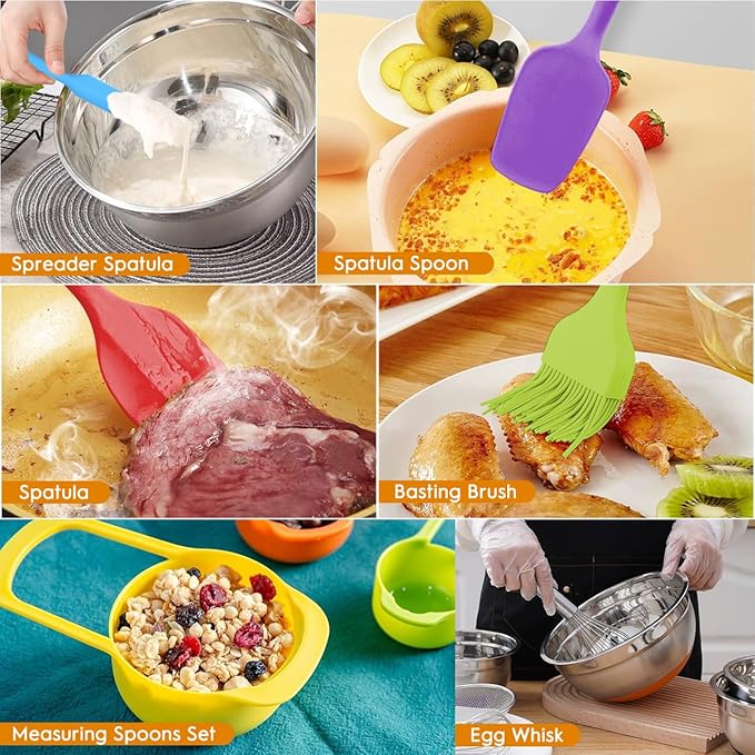 CHAREADA Mixing Bowls with Airtight Lids, 18pcs Stainless Steel Nesting Mixing Bowls Set Non-slip Silicone Bottom, Size 4.5, 3.6, 2.7, 2.1, 1.7, 1.1, 0.7 qt, Fit for Mixing & Serving(Colorful)