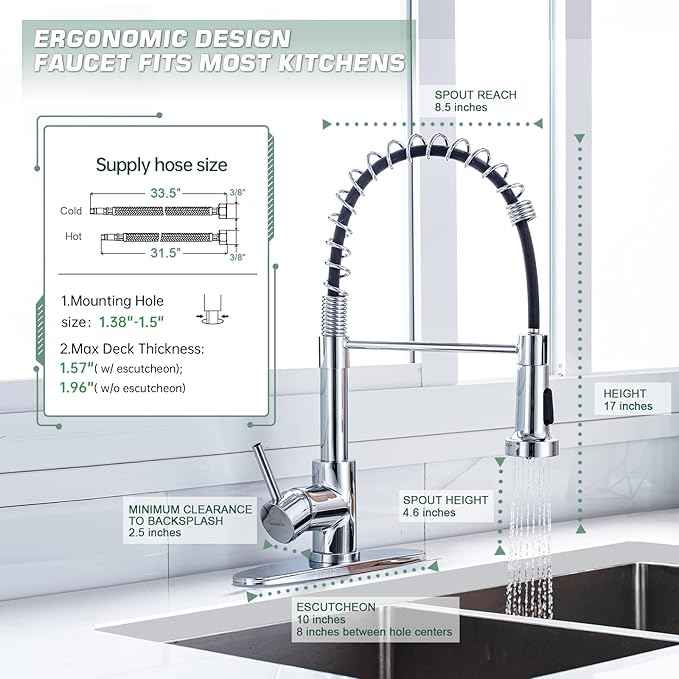 WEWE Chrome Kitchen Faucet, Faucet for Kitchen Sink with Pull Down Sprayer Kitchen Faucet with Deck Plate Stainless Steel Single Handle Spring for Farmhouse Utility Bar Laundry Sinks