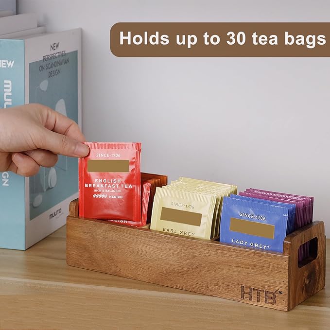 HTB Small Tea Bag Box Wooden, 3 Compartments Acacia Wood Tea Bag Chest with Handle, Mini Countertop Divided Storage Container for Beverage Supplies, Sugar, Sweeteners, Individual Packets