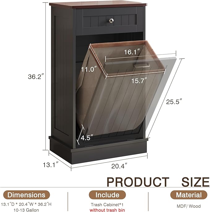 KIGOTY Tilt Out Trash Cabinet,Wooden Kitchen Trash Bin Holder Garbage Bin Recycling Cabinet Laundry Hamper with Solid Wood Countertop and Hideaway Drawer (Black)
