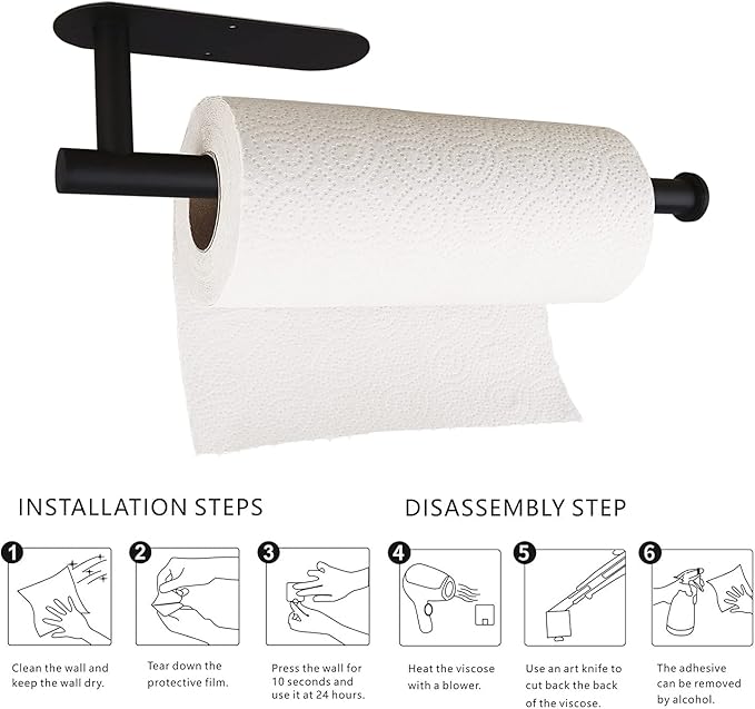 Paper Towel Holders-Blcak,Paper Towels Rolls - for Kitchen,Paper Bulk- Self-Adhesive Under Cabinet,Both Available in Adhesive and Screws,Stainless Steel
