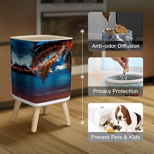 Small Trash Can with Lid Christmas Caribbean Beach Wastebasket with Press Cover Dog Proof Garbage Can Waste Bin for Kitchen Bathroom Nursery 2.6 Gallon
