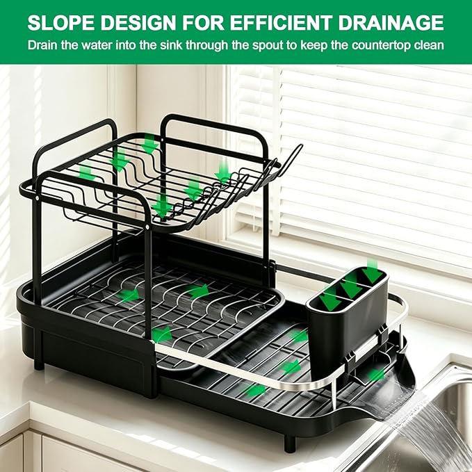 Dish Drying Rack for Kitchen Counter, 2 Tier Large Expandable Dish Drainer with Drainboard Set and Removable Utensil Holder, Space-Saving Countertop Organizer