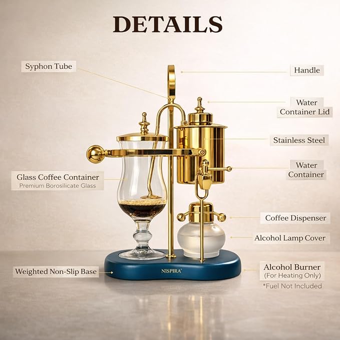 Nispira Belgian Balance Syphon Vacuum Coffee Maker, 500ml Vintage Gravity Brewing System, Gold & Peacock Blue Finish, Manual Tabletop Coffee Brewer