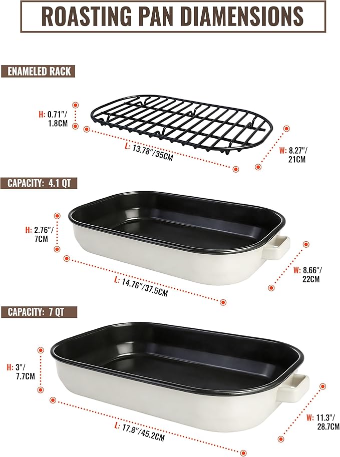 Roasting Pan for Oven with Rack 6-Piece Enamel Lasagna Baking Dishes Set 14&17 Inch, 572°F High Temperature Resistance Dishwasher Safe Non-Stick Deep Turkey Roaster Pan Mothers Day Gift Bakeware
