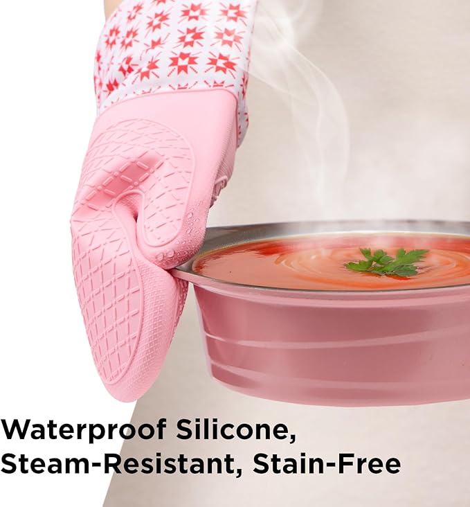 Kitchen Mama UltraShield Silicone Oven Mitts – Heat Resistant, Non-Slip Surface, Durable, Safe, Pot Holders, Flexible Waterproof Glove Set, Perfect for Cooking, Baking, Grilling, BBQ (Gem-Red)