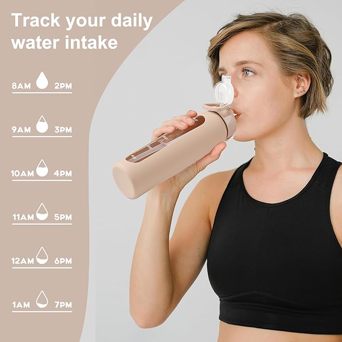 chunmo 24 oz Glass Water Bottles with 2 Lids-Handle Spout Lid & Straw Lid, Motivational Water Bottle with Time Marker and Silicone Sleeve,Leakproof-Amber-1 Pack