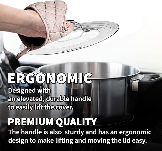 Universal Lids Set with Tempered Glass Top - Fits 5-12 Inch Pots, Pan, and Skillets - Set of 2, Large and Small, Stainless Steel Replacement Pot Lid for Kitchen Organizing, Space Saving