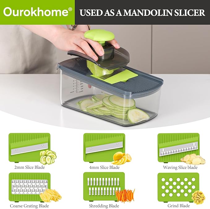 Ourokhome 10 in 1 Mandolin Slicer with Handheld Spiralizer, Multifunctional Vegetable Shredder Vegetable Chopper Onion Cutter with Container, Rotary Cheese Grater Hand Crank, Kitchen Shredder
