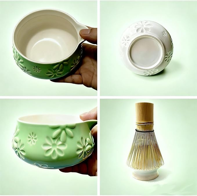 Matcha Whisk Set - Traditional Bamboo Chasen and Pale Green Ceramic Matcha Bowl with Spout, 6Pcs Complete Matcha Making Kit