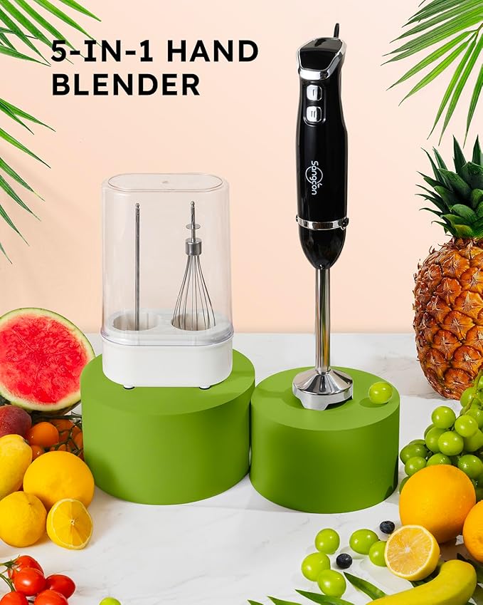 Sangcon 5-in-1 Immersion Blender Handheld with 1000ml Cup, 2-Speed Adjustable Hand Blender with 304 Stainless Blades, Detachable Whisk and Milk Frother