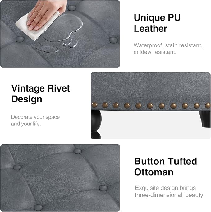 30 Inch Large Round Ottoman with Storage, Modern Leather Ottoman Coffee Table with Lift Top, Upholstered Button Tufted Footrest Stool Toy Blanket Storage for Living Room, Gray
