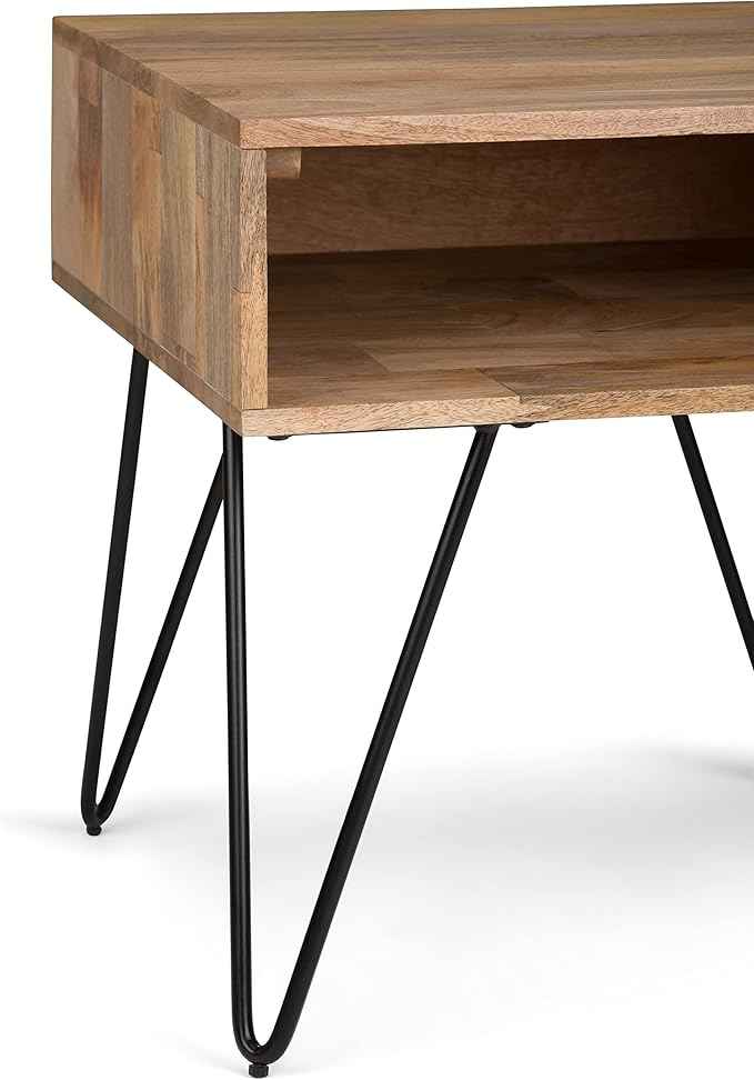 SIMPLIHOME Hunter End Table - 22 inch Wide Solid Mango Wood and Metal Square Accent Table with Open Storage Compartment and Hairpin Legs in Natural, Industrial Nightstand for Living Room or Bedroom