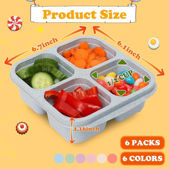6 Pack Snack Containers, 4 Compartment Snack Box Containers Bento Box, Reusable Meal Prep Lunch Containers for Adults Kids Toddler, Divided Food Containers for Travel Work School