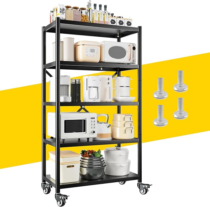REIBII 5-Tier Storage Shelves with Wheels, Heavy Duty Wire Shelving Unit 1158LBS Capacity - Adjustable Feet for Kitchen, Pantry, Office Organization, Bathroom,15.6" D x23.5 W x63 H