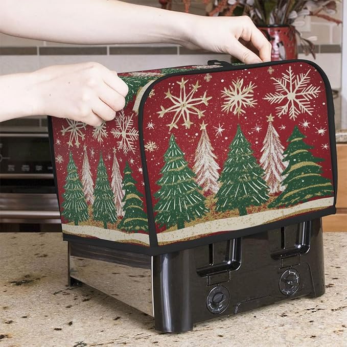 2 Slice Toaster Cover,Christmas Tree Snowflakes on Red Small Kitchen Appliance Bread Machine Cover with Pockets,Dust & Fingerprint Protection