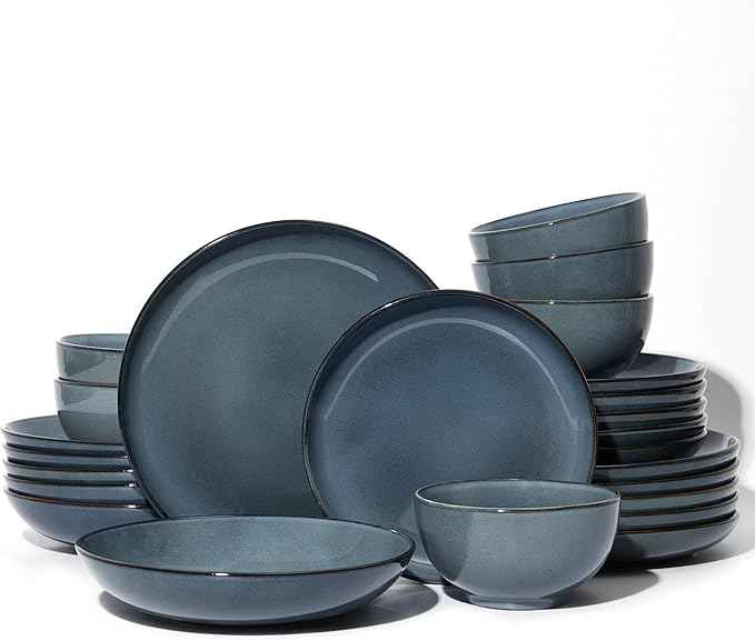 24 Piece Double Bowl Dinnerware Sets with Pasta Bowls, Highly Chip and Crack Resistant Plates and Bowls Sets, Natural Earthyware Ceramic Dishware Sets, Service for 6 Jeans Blue