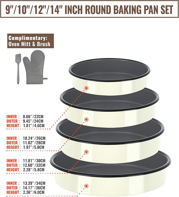 Enamel Round Roasting Pan Set Baking Dish 4-Pack 9/10/12/14 Inch High Temperature Resistance Bakeware for Pizza Chicken, Oven Dishwasher Safe Birthday Mother Day Gift for Wife & Mom Cake Pan