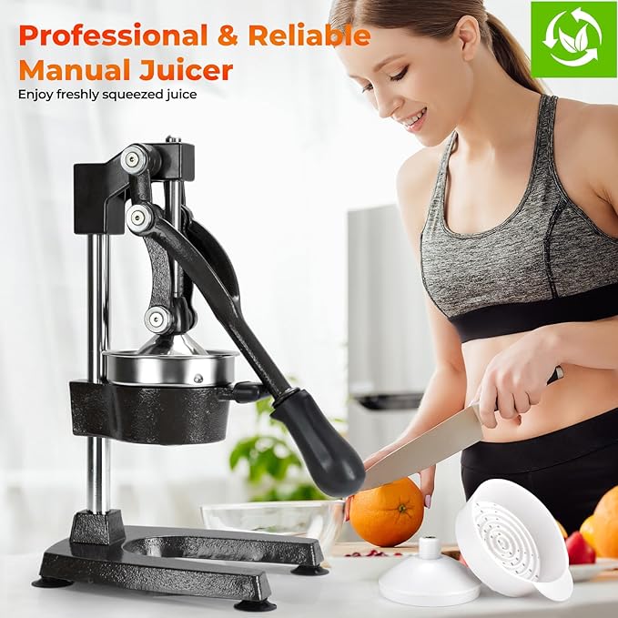 ROEDEER Heavy-Duty Manual Citrus Juicer – Cast Iron Orange Juicer Squeezer, Dual-Die Head, Manual Juicer, Citrus Squeezer, Lemon Juicer Manual & Pomegranate Juicer for Fresh Juice (Black)