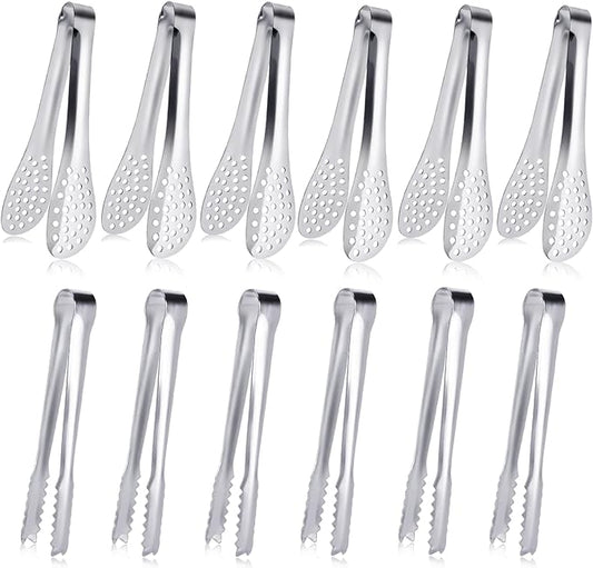 JCREN 12 Pack Mini Tongs - Small Stainless Steel Food Tongs for Serving Appetizers, Tea Party, Coffee, Desserts - 5 inch - Silver