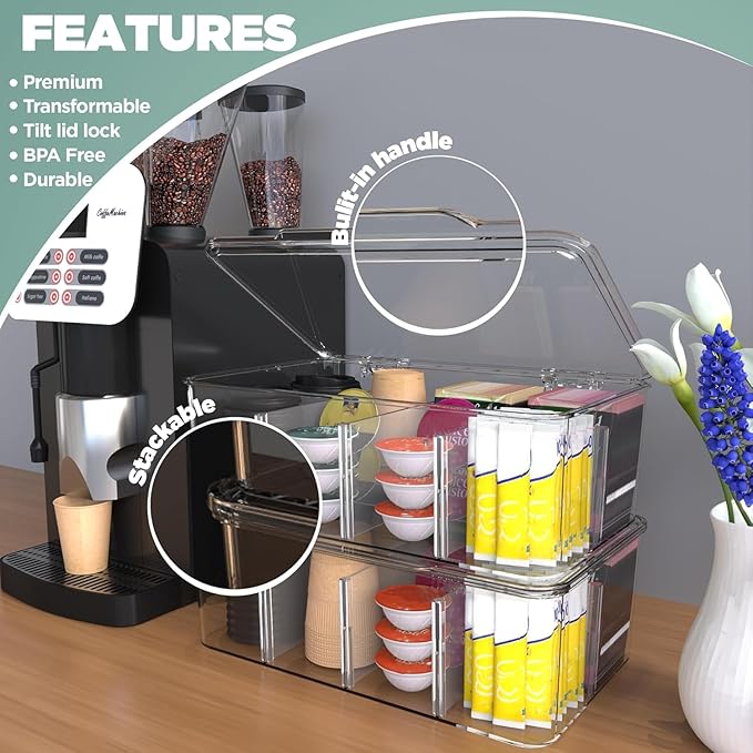 Utopia Home Tea Bag Organizer - Stackable Tea Bag Storage Organizer with Clear Top Lid- Tea bag holder For Counter tops, Kitchen Cabinets, Pantry, Sweeteners (Clear, Pack of 6)