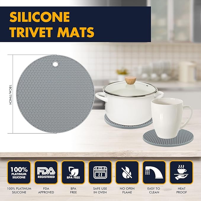 6 Pack Oven Mitts and Pot Holders Sets,Silicone Oven Mitts &Hot Pads,Long Cooking Gloves,Kitchen Trivet Mats,Kitchen Home Essentials,12.9" Mitts 7" Trivets (1*Pair Grey Oven Mitts+4*Trivet)