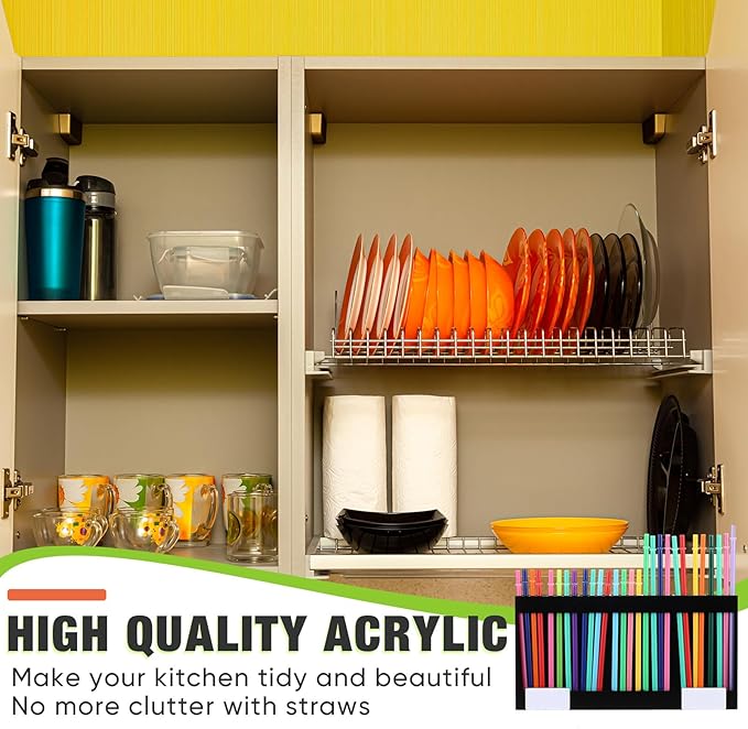 Qinyoung Acrylic Straw Holder for Cabinet Door with Double Sided Adhesive Tape Reusable Straw Organizer Tumbler Storage Kitchen Accessories Container for Counter Cupboard(Classic,Extra Large,Black)
