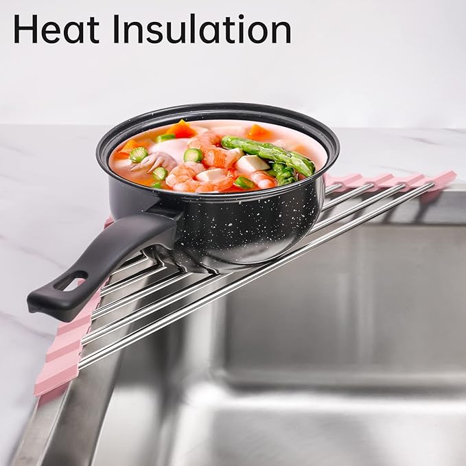 Tomorotec Triangle Foldable Dish Drying Rack, Small Roll-Up Stainless Steel Over Sink Drainer for Kitchen Sink Corner, Rustproof Multipurpose Organizer(Pink)