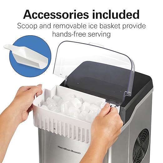 Hamilton Beach Bullet Countertop Ice Maker Machine, Makes 26 Lbs/Day, 9 Cubes Every 6 Minutes, Self-Clean Function, for RV, Office, Kitchen, Dorm, Makes 2 Sizes, Brushed Stainless Steel (86152)